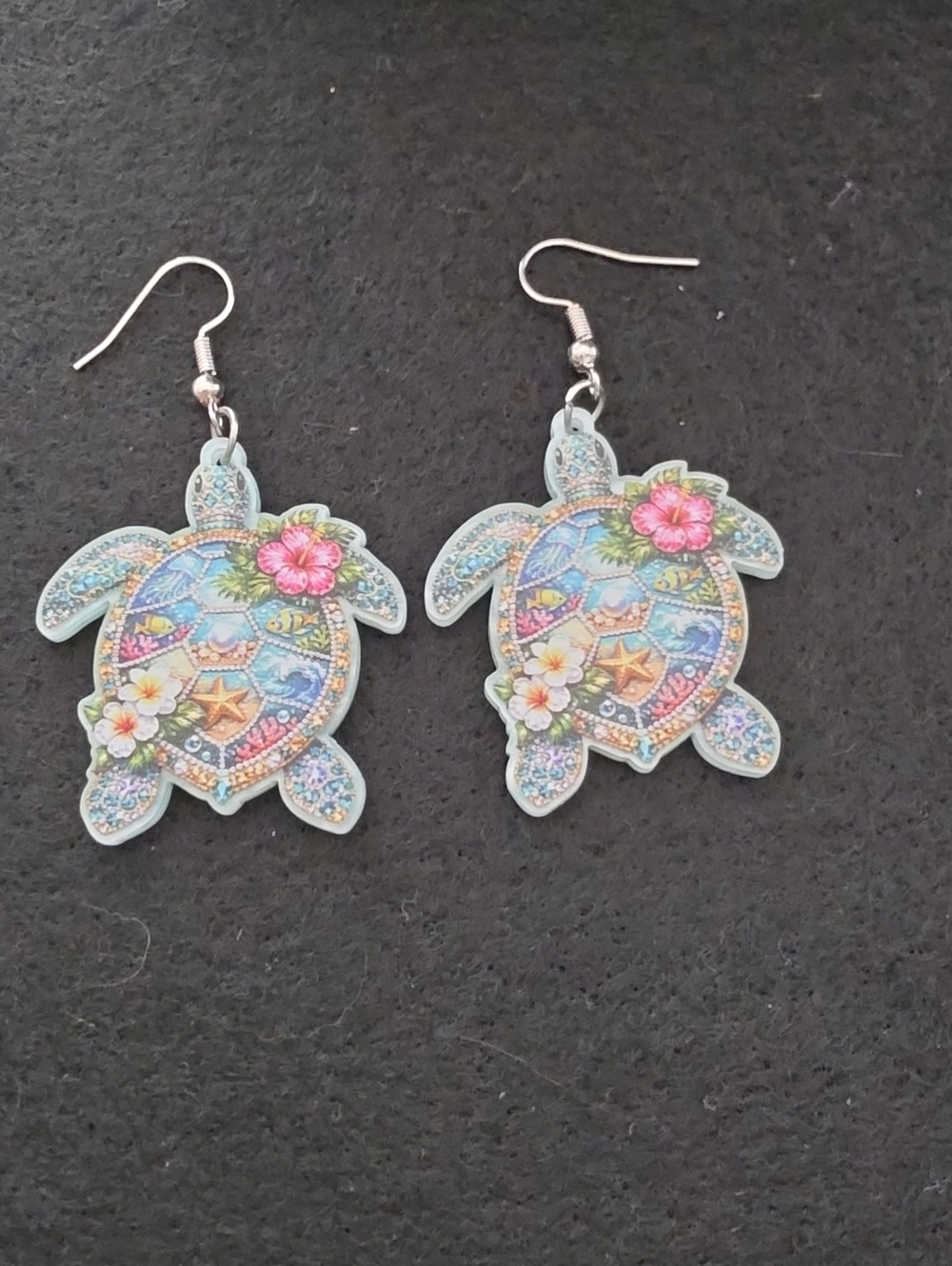 Sea Turtle Floral Dangle Earrings - Blue Multi